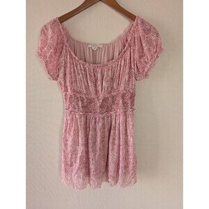 Vintage Y2K Intuitions Floral Mesh Top Size M Pink Beaded Romantic Boho Fairy